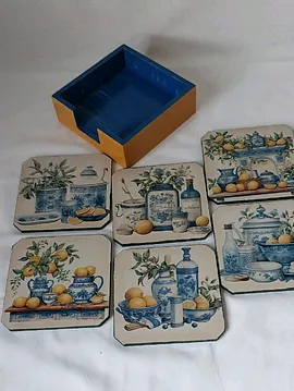 6'lı Limonlu Ve Mavi Seramik Desenli Bardak Altlığı Seti Çok Renkli