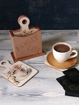Kahve Temalı 6'lı Ahşap Kutulu Bardak Altlığı Seti Çok Renkli