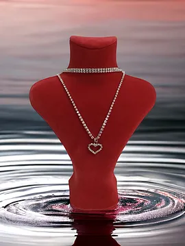 Zirkon Taşlı Kalp Kolye Ve Çift Sıralı Choker Seti Gümüş