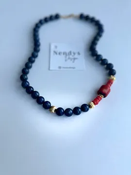 Lapis Ve Mercan Detaylı Doğaltaş Kolye  Lacivert