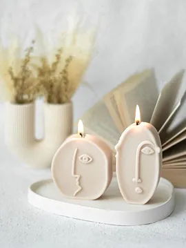 Moon Obje Soyut Surat Üçlü Set Mum Beyaz