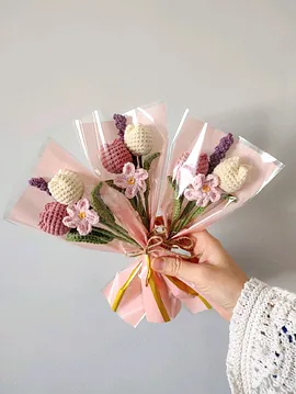 Örgü Çiçek Mini Buket  Çok Renkli